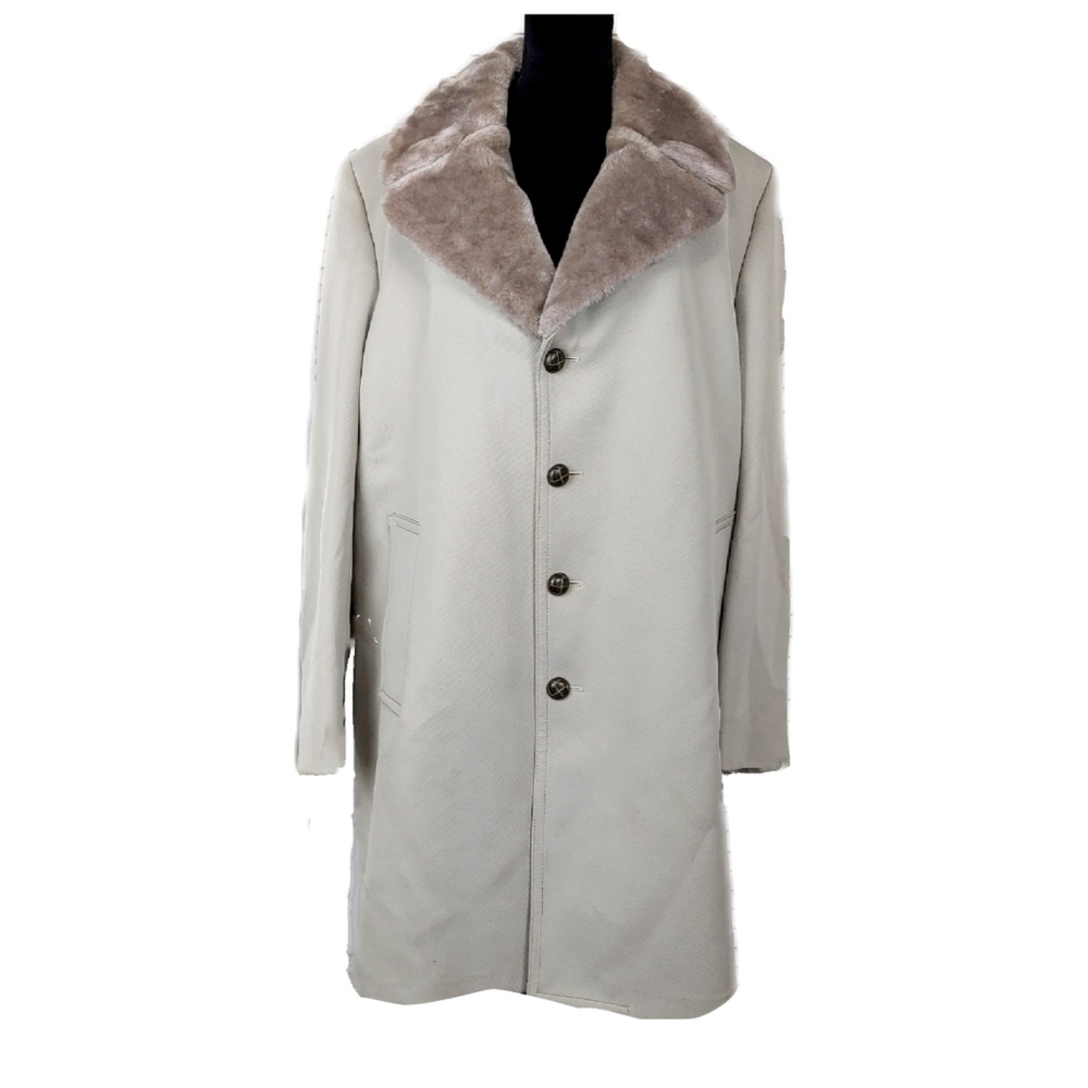 *SOLD*London Fog Prisyine Vtg Mens 42L Faux Fur Collar Beige Over Coat - Picture 3 of 14